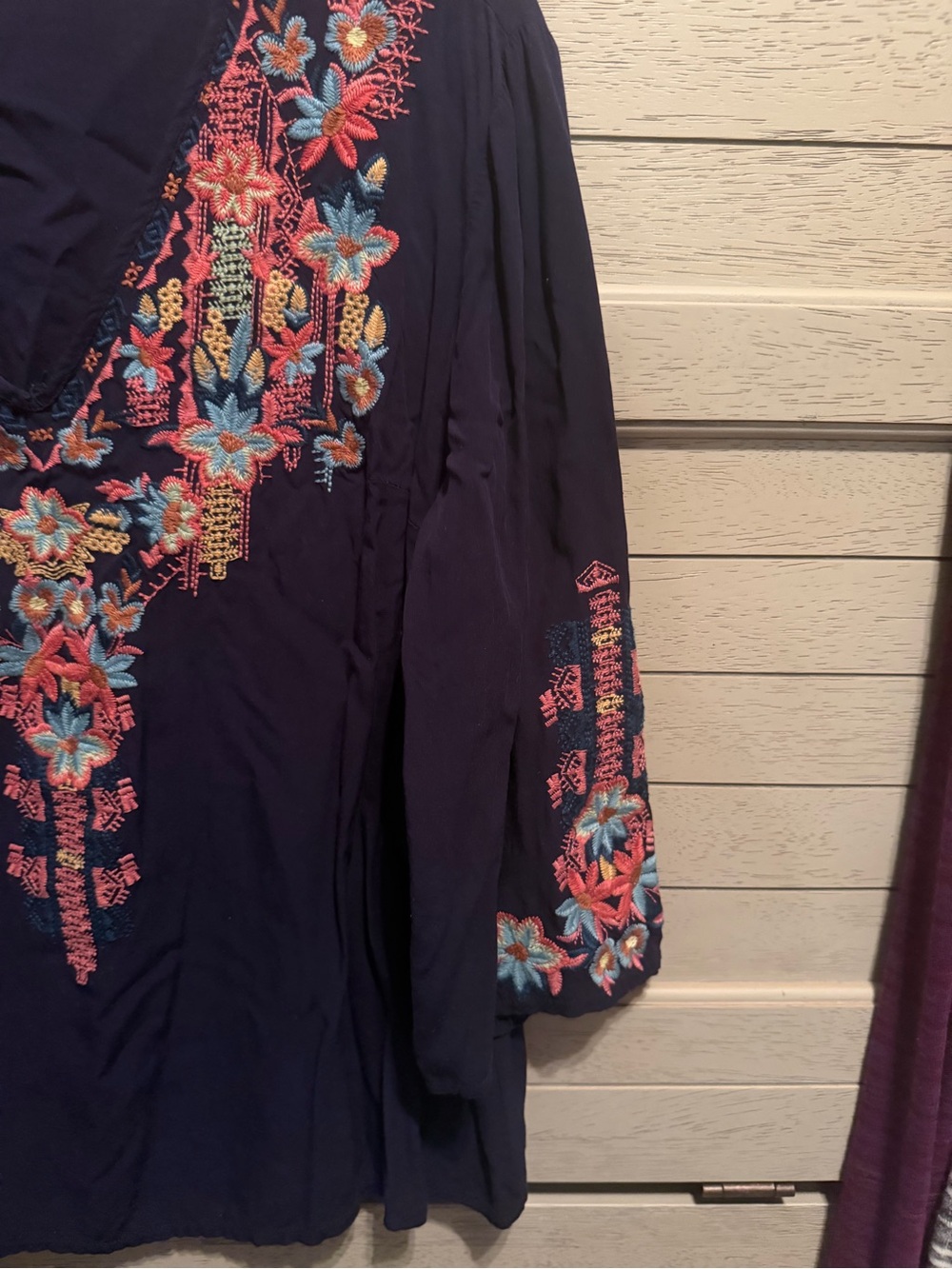 Solitaire Navy V-Neck Blouse with Colorful Floral Embroidery - Picture 3 of 5